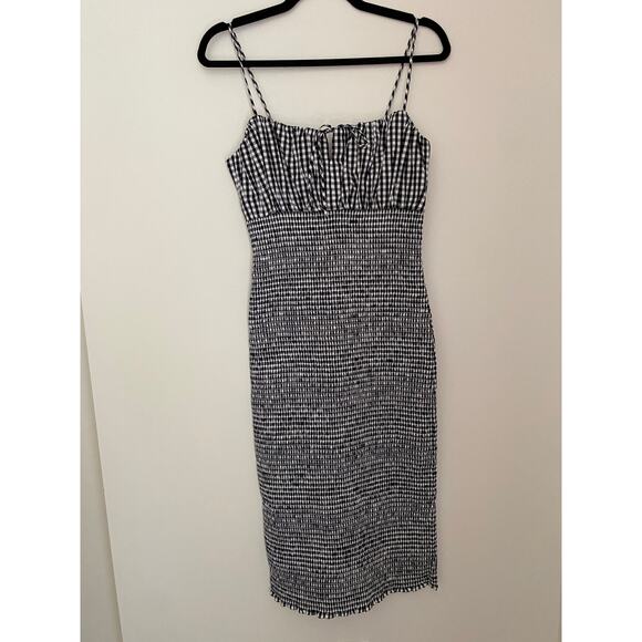 J Crew Smocked Black White Gingham Tie Front Midi Dress Bodycon Fitted NWT 00 - Picture 7 of 14